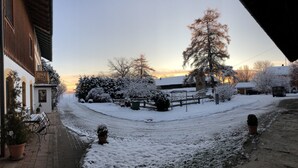A snow-covered street with a wooden fence, a large tree, and a building with a sloped roof. - Pension Bernhardhof (Otterfing)