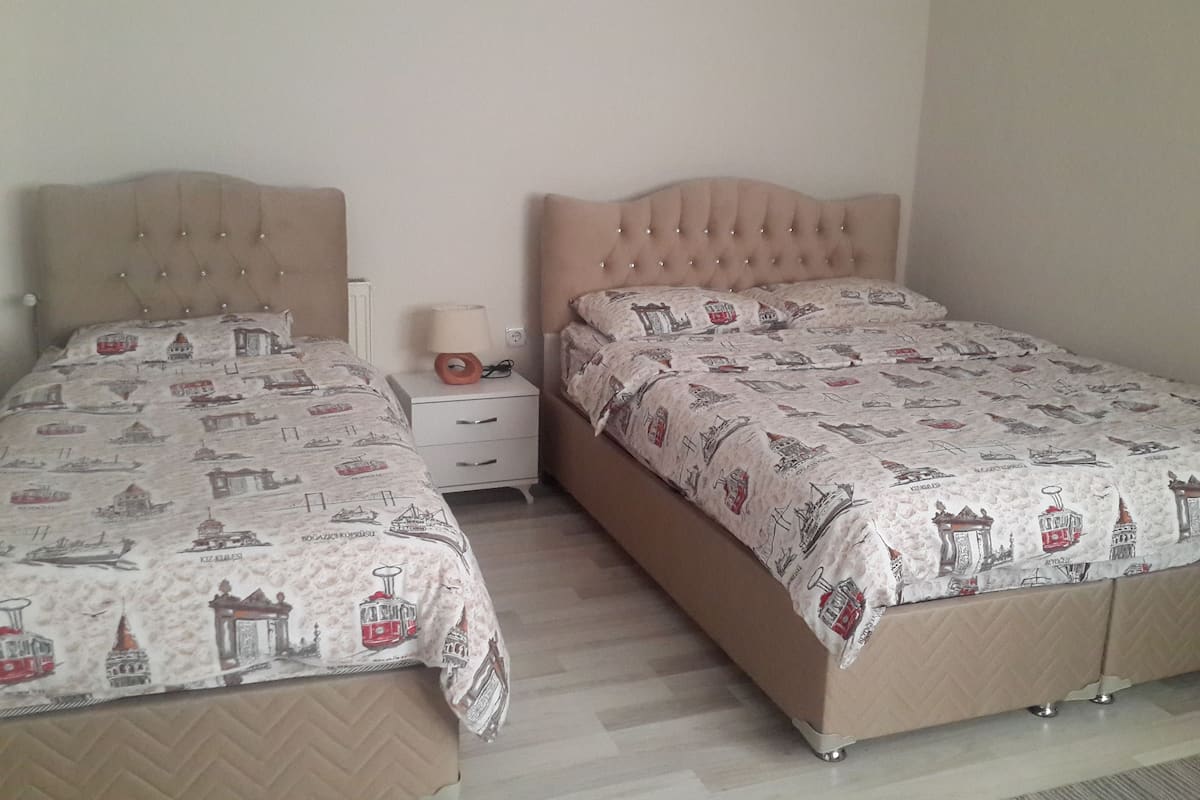Two twin beds with matching headboards and a nightstand with a lamp between them.