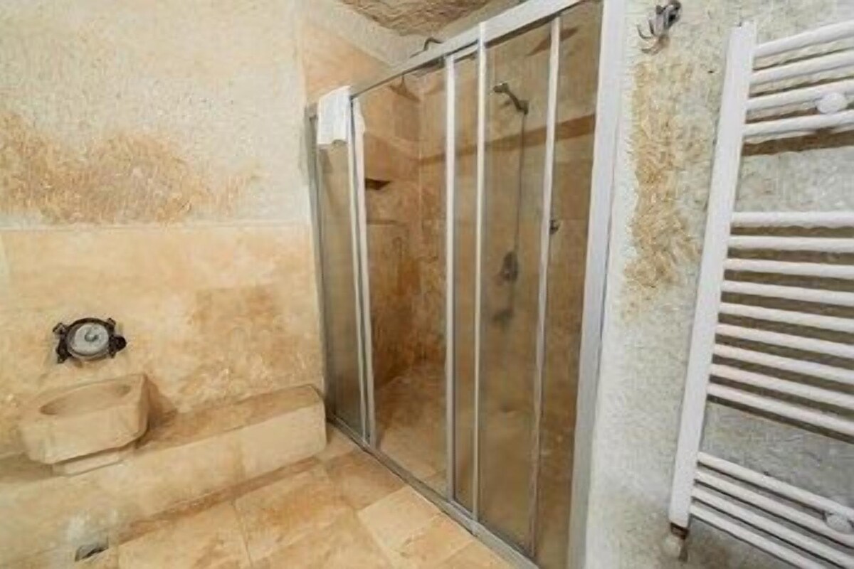 A bathroom with a shower enclosure, a toilet, and a towel rack.