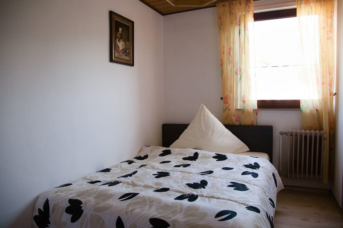 Un dormitorio con cama, ventana con cortinas, radiador y un cuadro colgado en la pared.