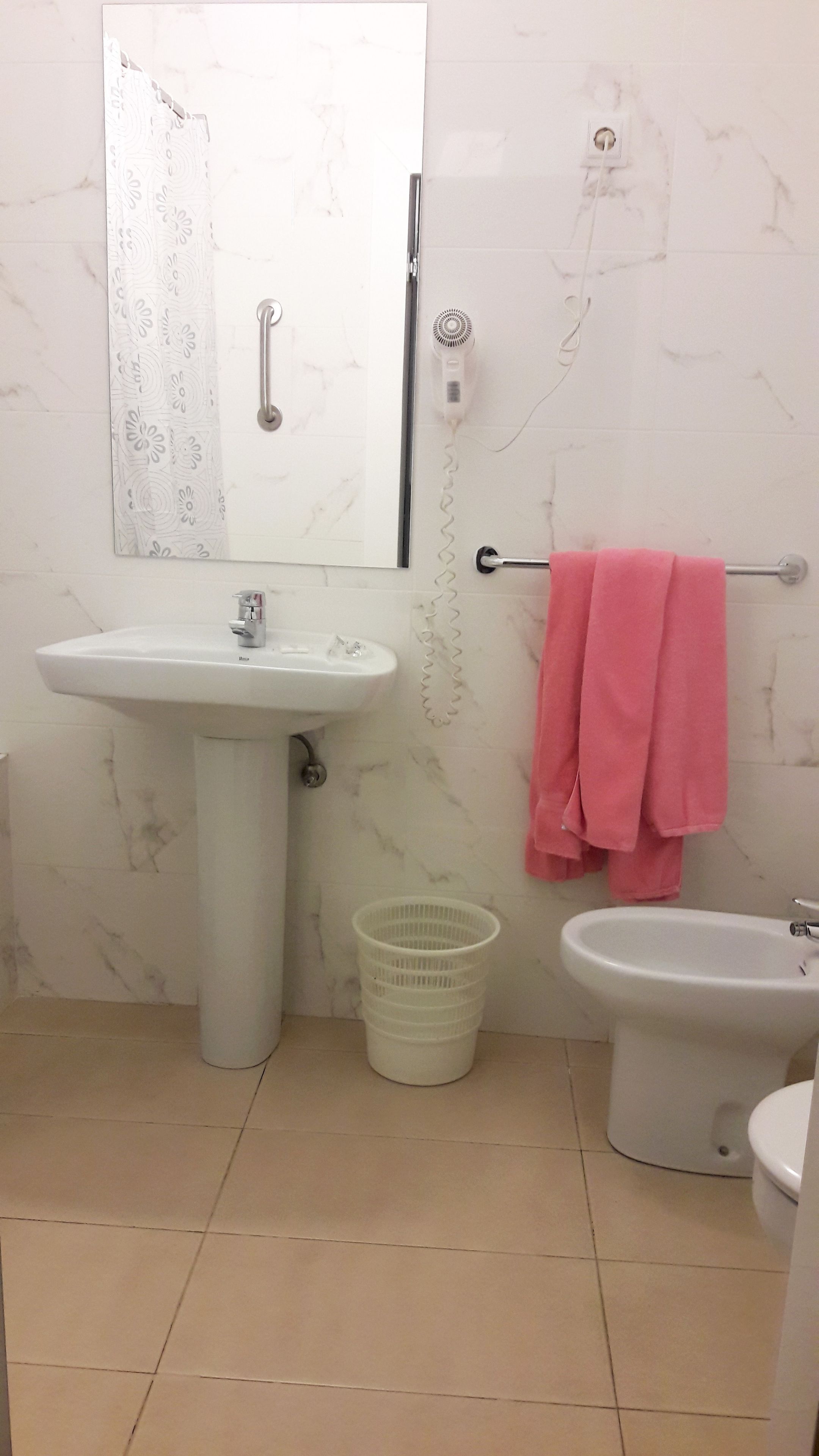 A bathroom with a sink, a bidet, a mirror, a hairdryer, and a basket.