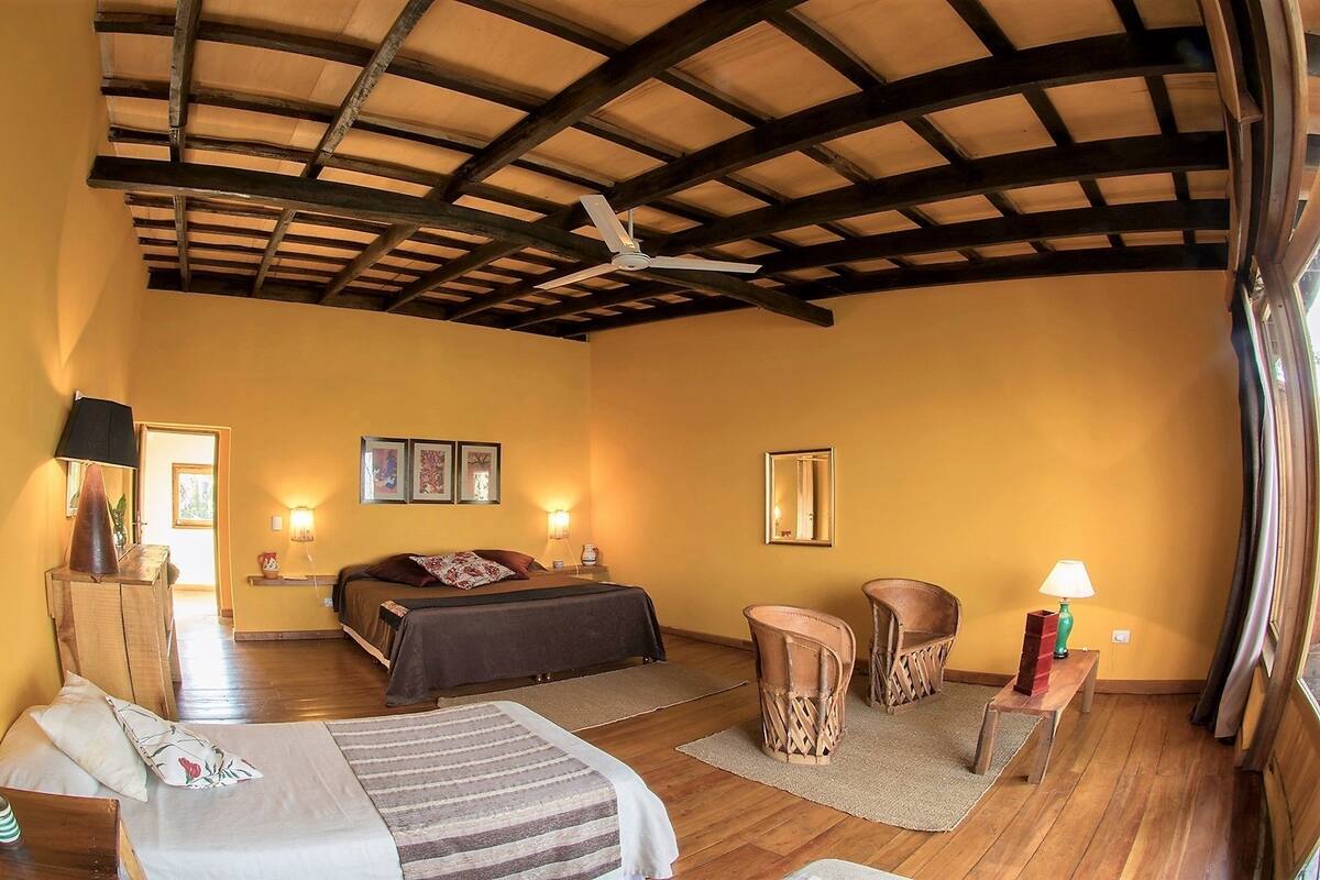 A room with a bed, a sofa, a ceiling fan, and a lamp.