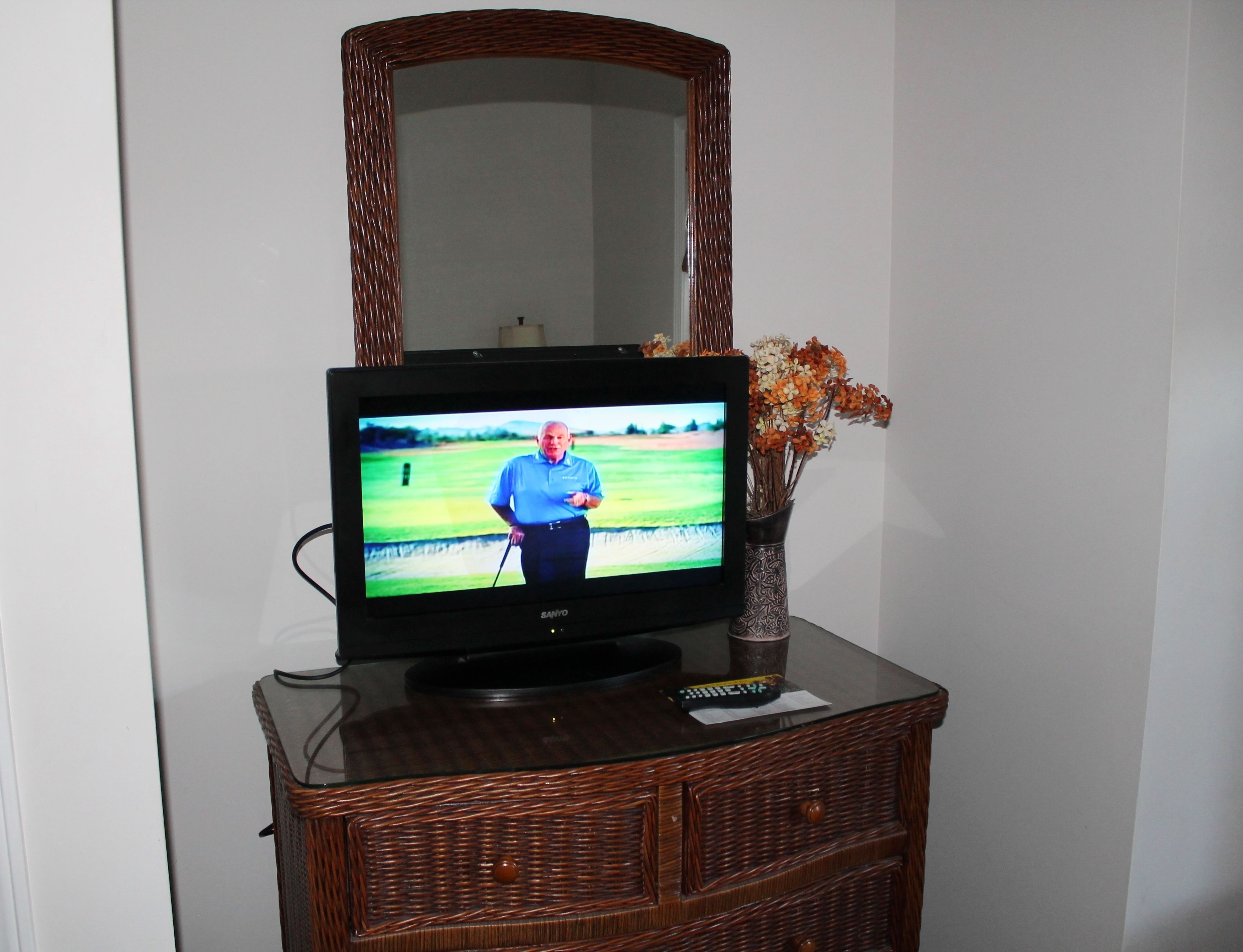 Ein Fernseher auf einer Holzkommode mit einer Vase getrockneter Blumen.