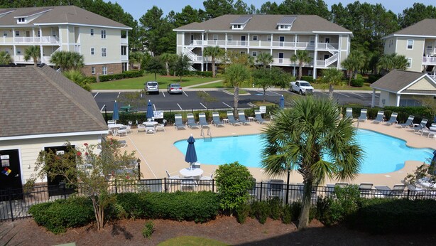 A pool area with lounge chairs and umbrellas, surrounded by a fence and palm trees. - 612 Willow Bend (North Myrtle Beach)