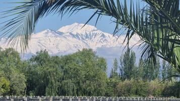 A cemetery with headstones and a mountain range in the background.
