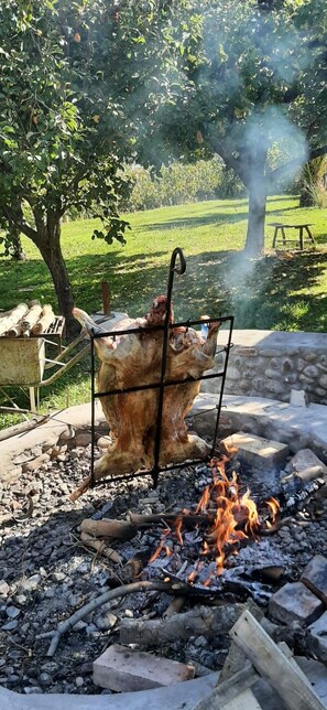 A large animal carcass being roasted over an open fire outdoors.