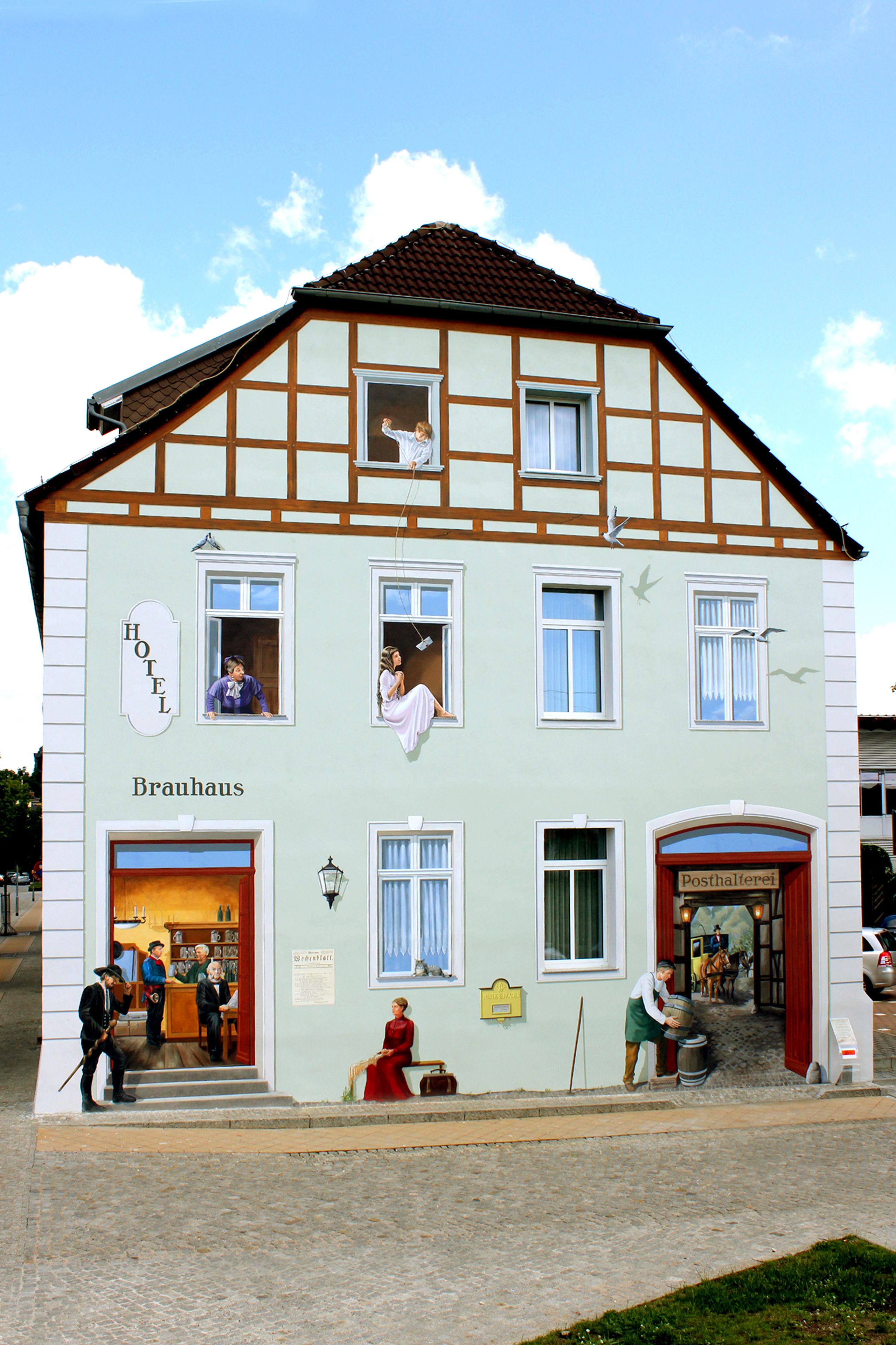 A traditional building with a sign reading "Brauhaus" and a visible entrance.