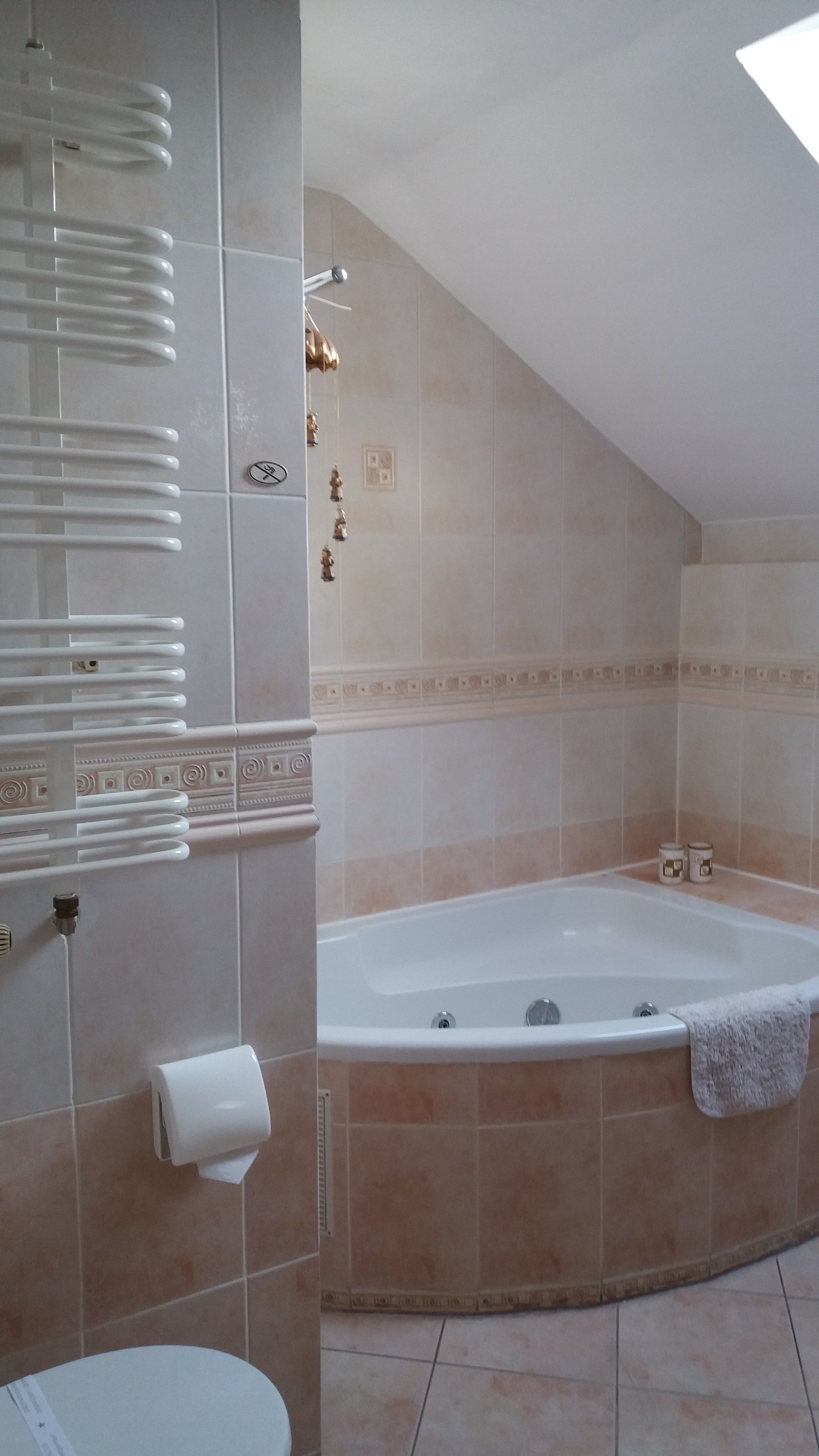 Een badkamer met een bad, toilet en een handdoekhouder.