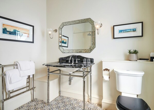 A bathroom with a marble sink, a toilet, and a mirror. There are towels on a rack and a potted plant on the counter. - The Dunstane - No 4 (Edinburgh)