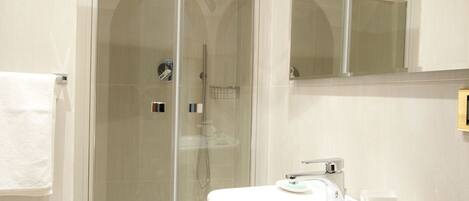 A modern bathroom with a glass-enclosed shower, a white sink, and a large mirror.