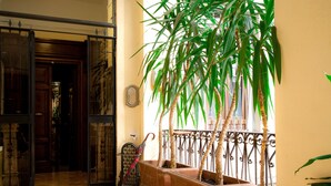 A hallway with a potted plant, a decorative umbrella, and a door leading to another room. - Guesthouse Borromeo Roma (Rome)
