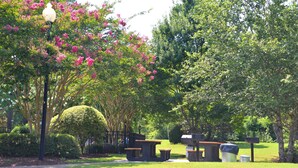 A park with picnic tables, a trash bin, and a lamp post. - 112 River Crossing (North Myrtle Beach)
