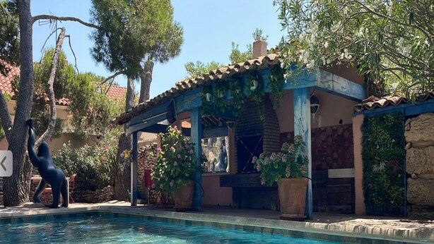 Une piscine dotée d’un patio couvert, entourée d ’arbres et de plantes en pot.