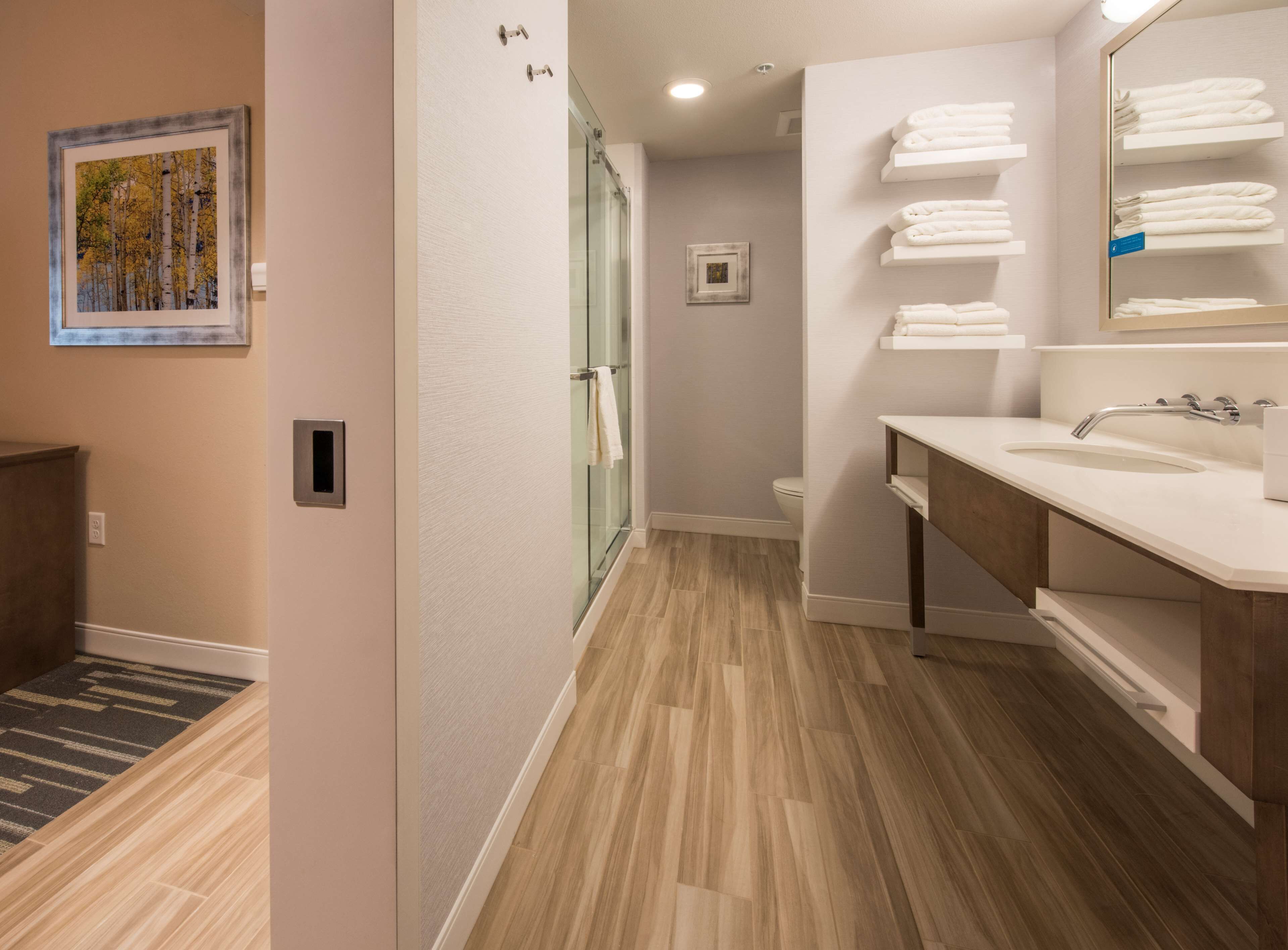 A modern bathroom with a glass shower, a sink with a mirror, and a toilet.