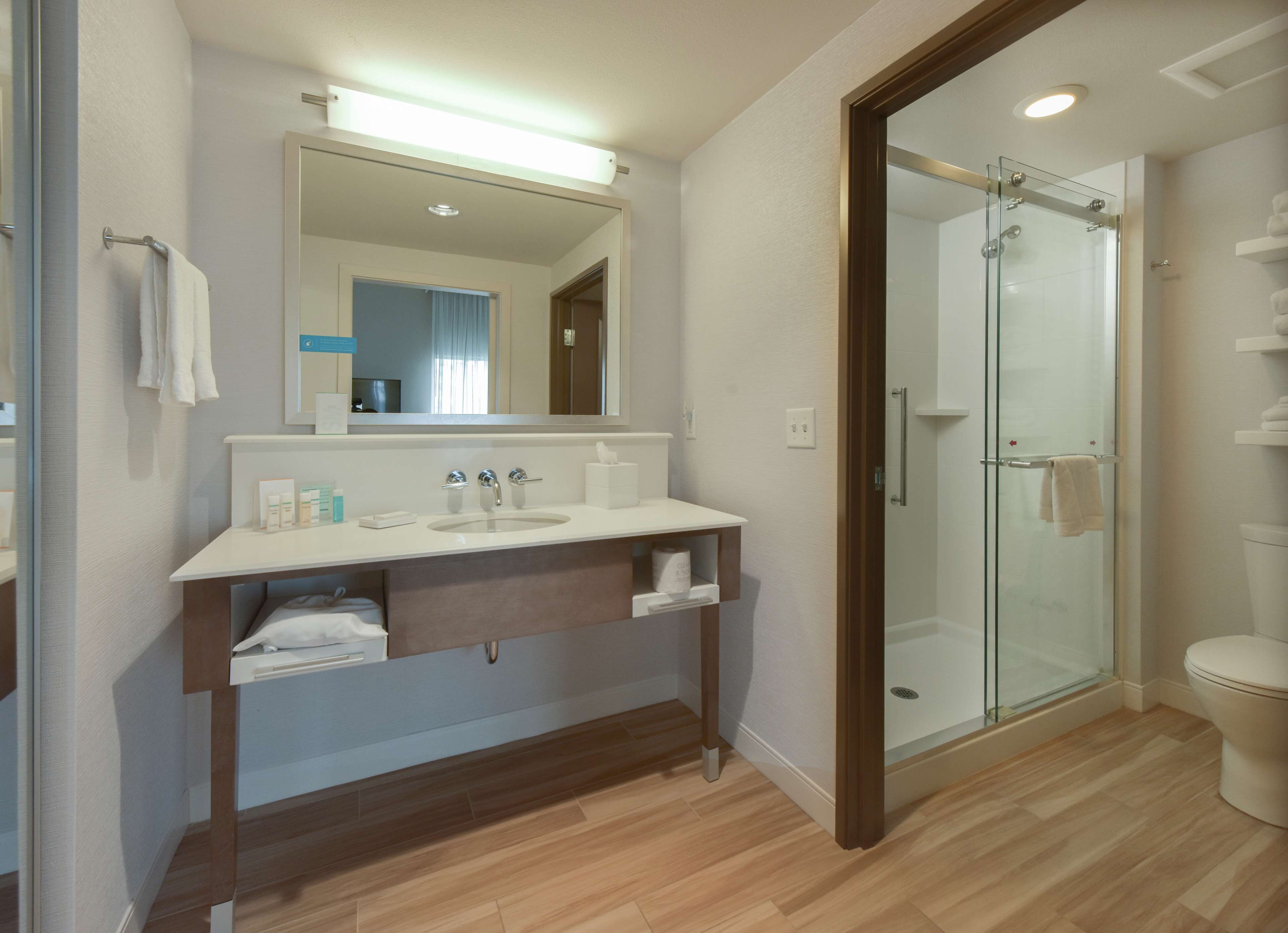 A modern bathroom with a glass shower enclosure, a white sink with a mirror above, and a wooden vanity.