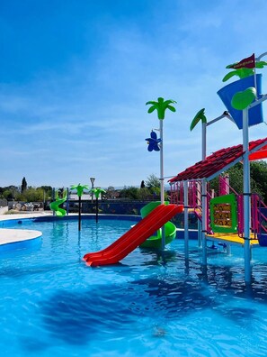Indoor pool, outdoor pool, sun loungers