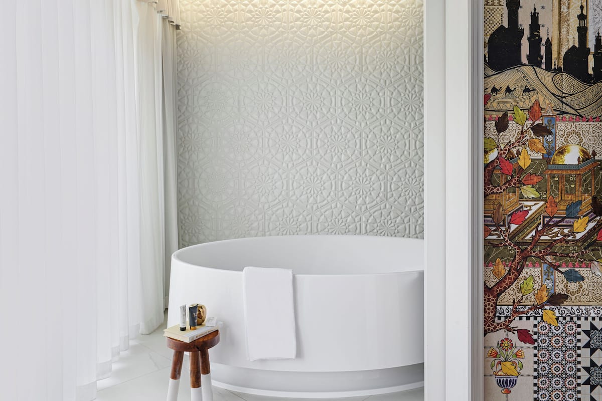 deep-soaking bathtub, free toiletries, hair dryer, bidet