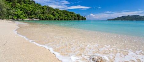 Di pantai, pasir putih, aktiviti berkayak 