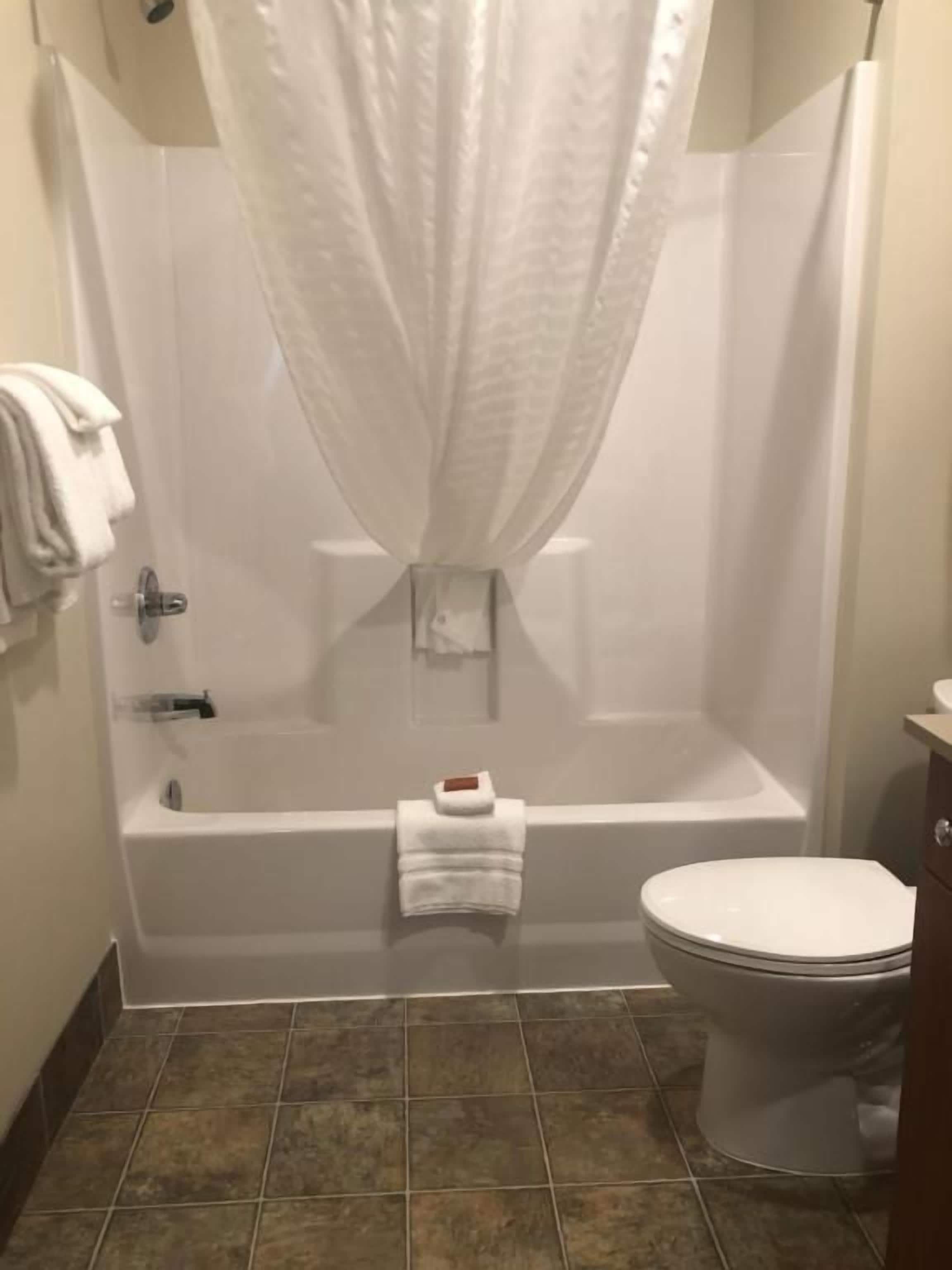 A bathroom with a bathtub, toilet, and shower curtain.