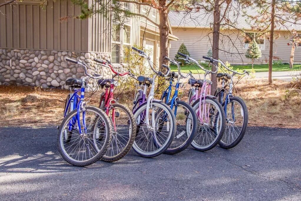 Flere cykler parkeret foran en bygning med en stenvæg og et træ.