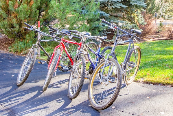 A row of bicycles parked on a paved surface with a grassy area and trees in the background.