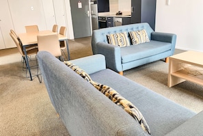 1 bedroom, premium bedding, laptop workspace, iron/ironing board