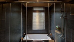 Elite Quadruple Room, 2 Queen Beds | Bathroom | Free toiletries, hair dryer, slippers, bidet
