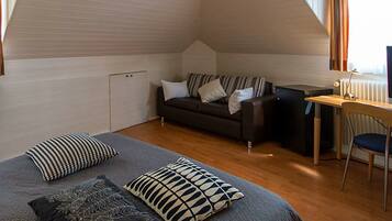 A compact room with a bed, a sofa, a desk, and a chair.