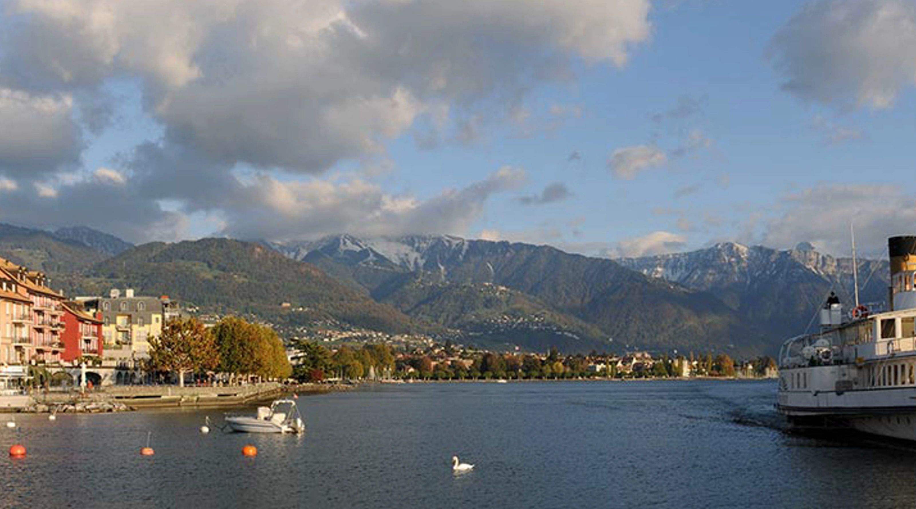 A lake with boats, a swan, and mountains in the background.