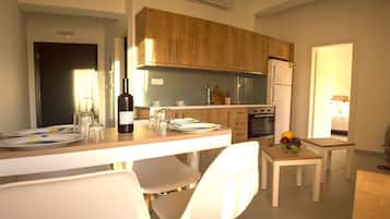 Family Apartment, 1 Bedroom, Partial Sea View | Premium bedding, down duvets, in-room safe, blackout curtains