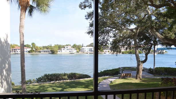 A view of a lake with houses in the background, a pathway, and a palm tree. - Cove II 127F 2 Bedroom Condo By Midnight Cove II (Siesta Key)
