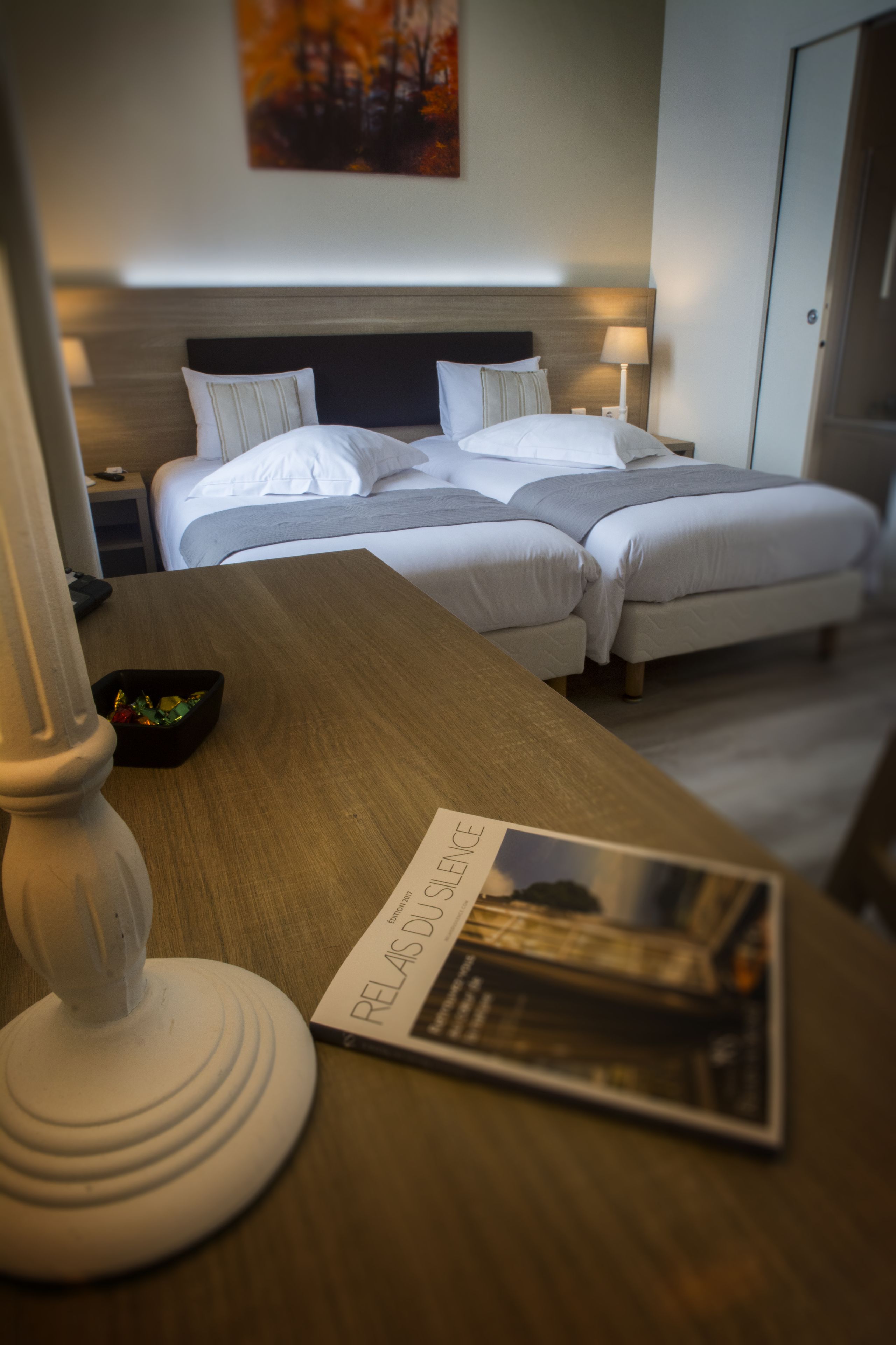 A hotel room with a bed, bedside tables, a lamp, and a magazine on the table.
