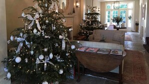Un soggiorno spazioso con due alberi di Natale decorati, un camino e una zona pranzo con un tavolo che espone riviste.