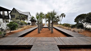 A wooden boardwalk leading to a building with a modern design, surrounded by dry grass and palm trees. - Redfish Village M2 417 3 Bedroom Condo By Coastal Dreamin (Santa Rosa Beach)