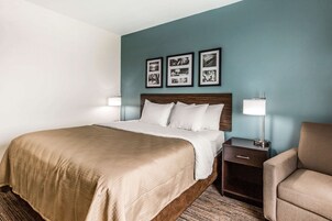 Habitación de hotel con una cama grande, una mesita de noche con lámpara, una silla y tres cuadros en la pared.