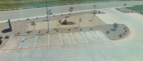A parking lot with handicapped parking spaces and a few trees.