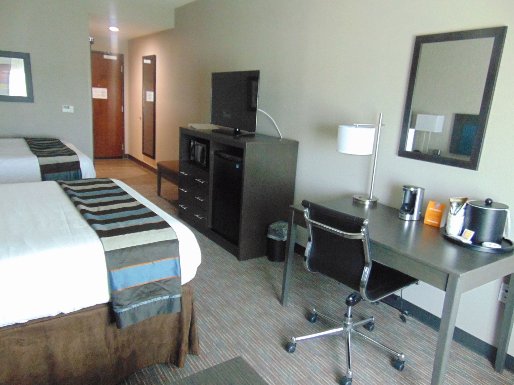 Desk, blackout curtains, soundproofing, iron/ironing board