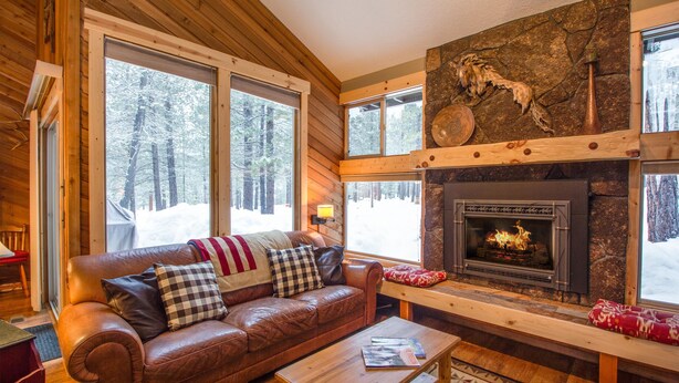 A cozy cabin interior with a leather sofa, a fireplace, and large windows offering a view of the forest. - Leisure 5 (Bend)