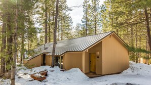 A wooden cabin with a metal roof, surrounded by snow and trees.