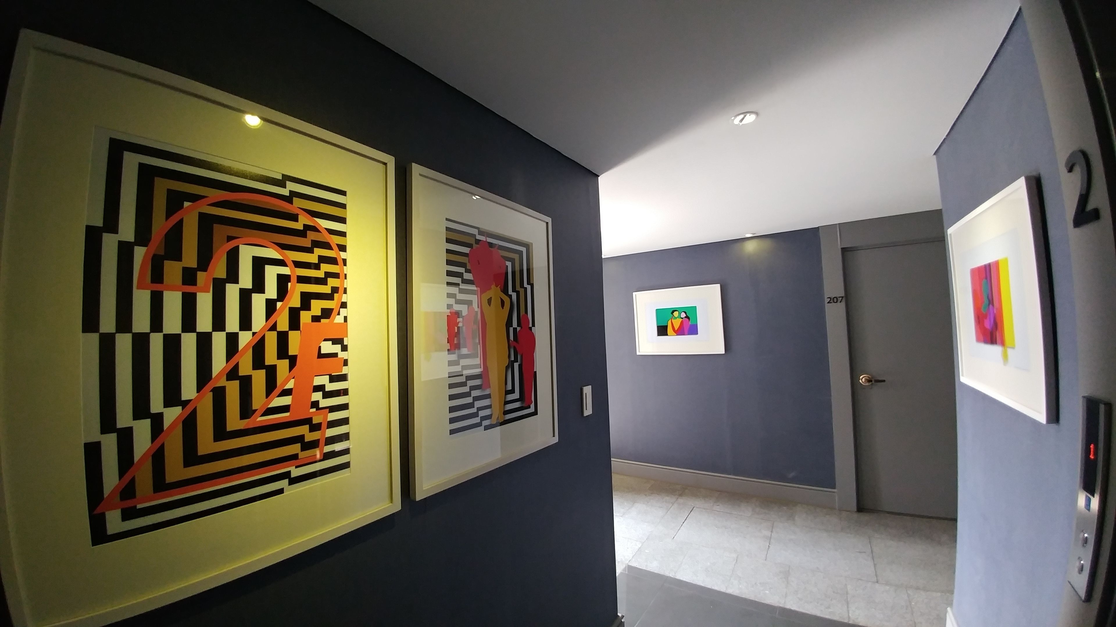 A hallway with three framed artworks on the walls, a door labeled '207', and a light switch on the wall.