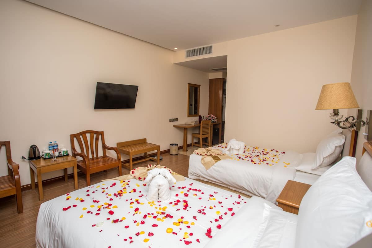 Una habitación de hotel con dos camas, televisión, escritorio y una silla.