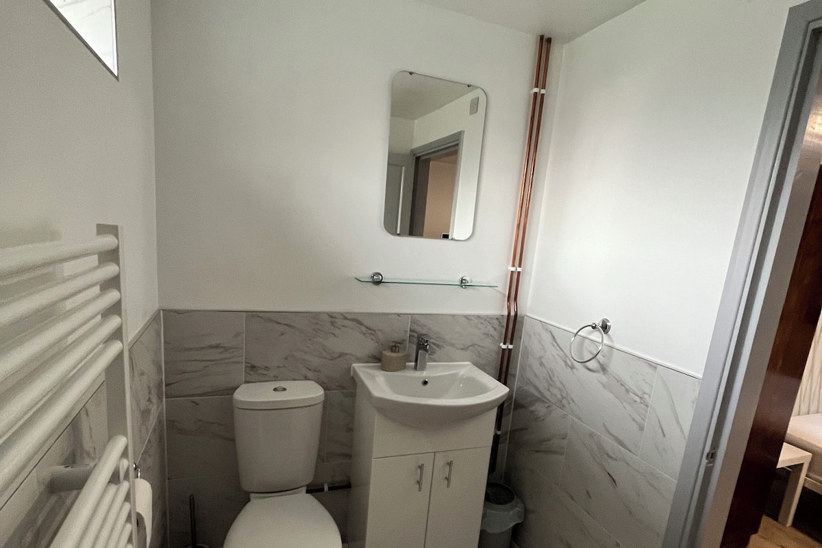 Een kleine badkamer met toilet, wastafel en spiegel.