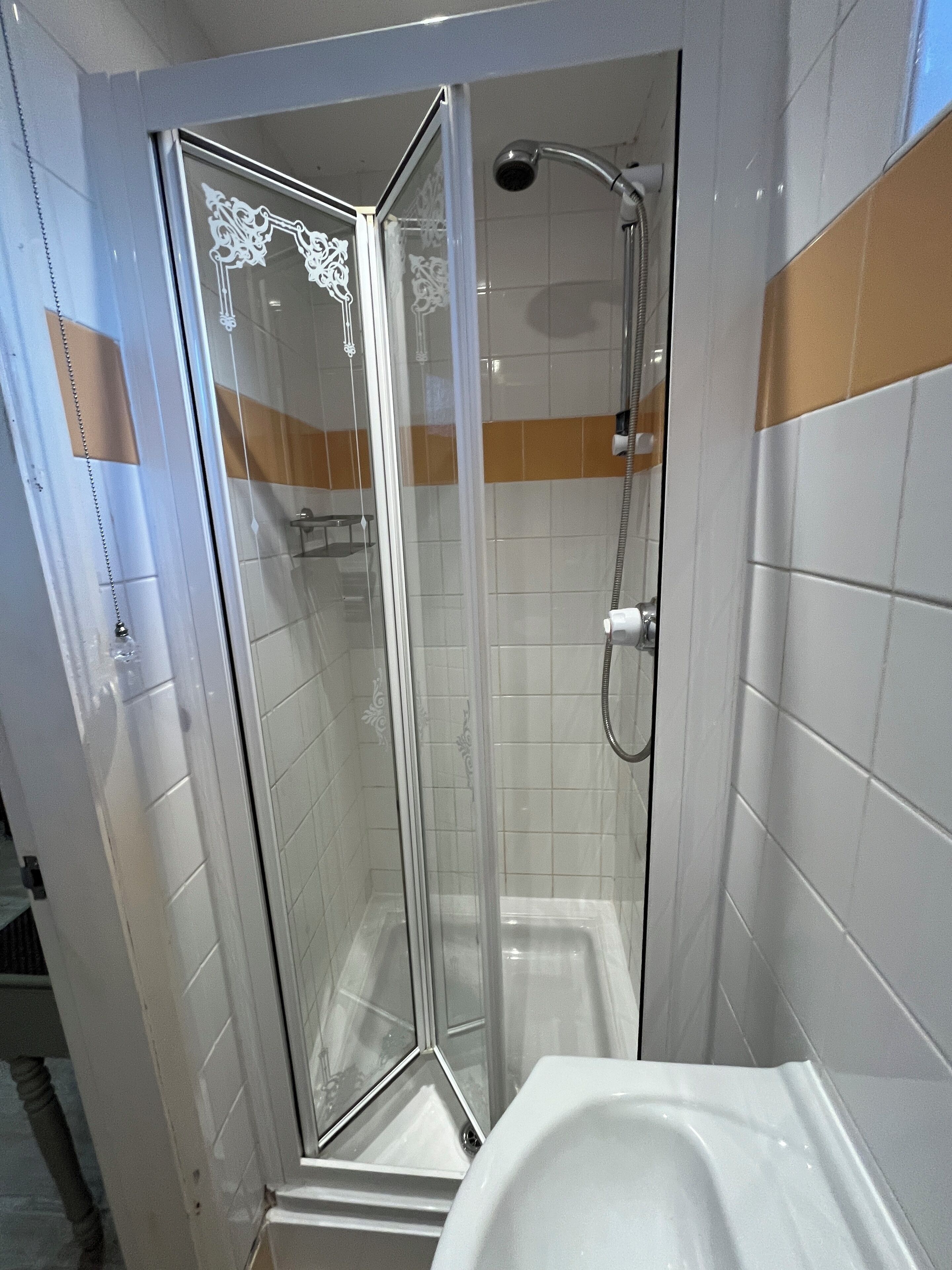 A glass-enclosed shower stall with a handheld showerhead and a white sink.