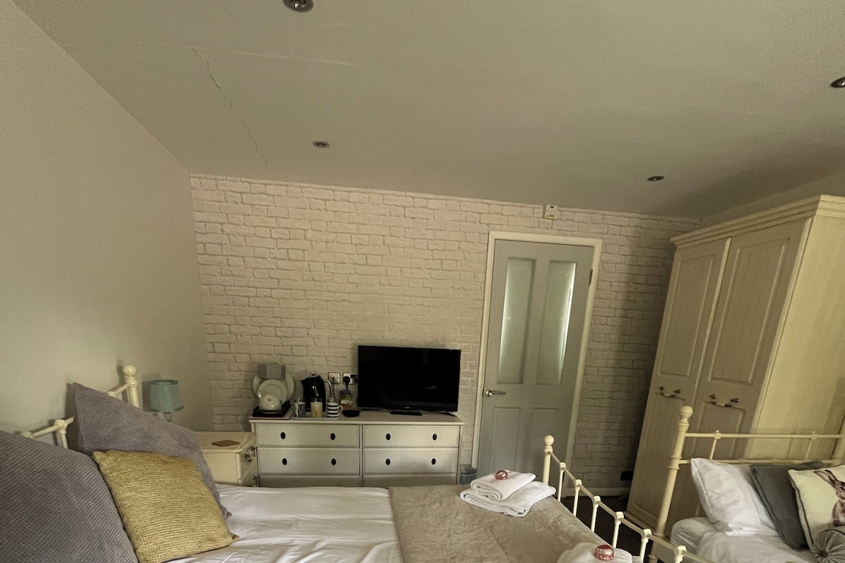 Een slaapkamer met twee bedden, een witte baksteenmuur, een dressoir, een televisie en een kledingkast.