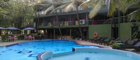 Outdoor pool, pool umbrellas, pool loungers