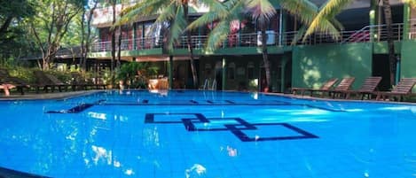 Outdoor pool, pool umbrellas, pool loungers