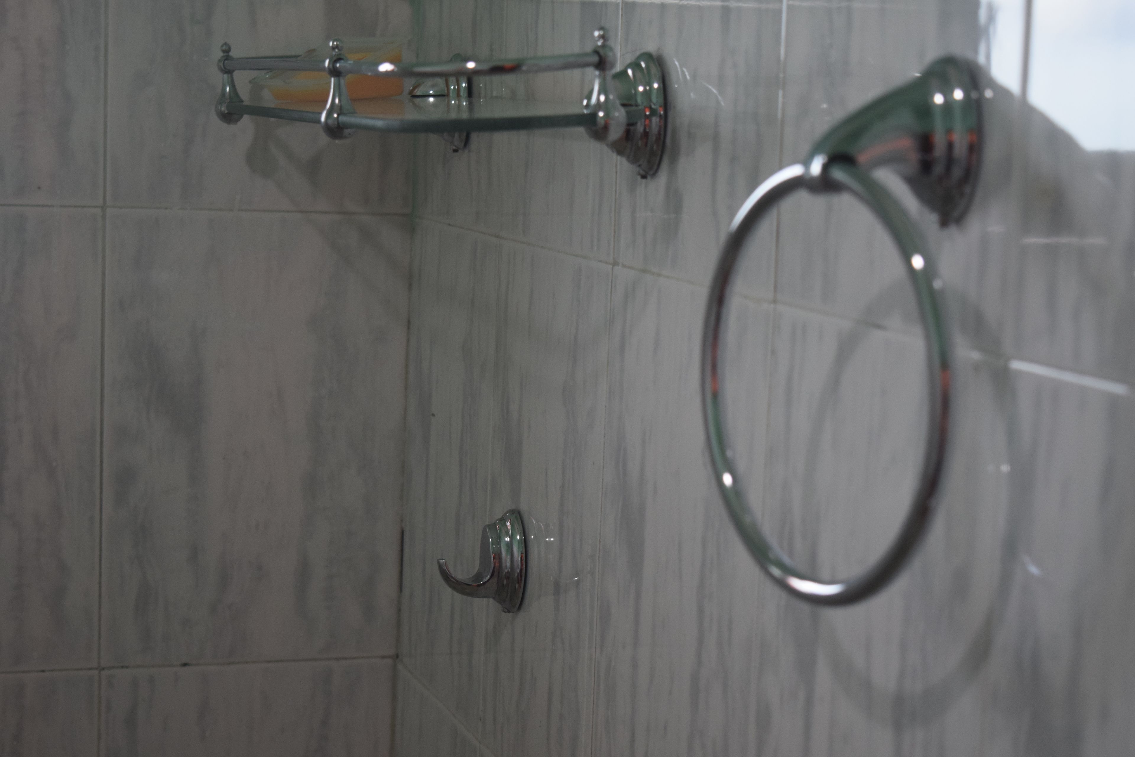 A bathroom with a glass shower enclosure, a towel rack, and a towel ring.