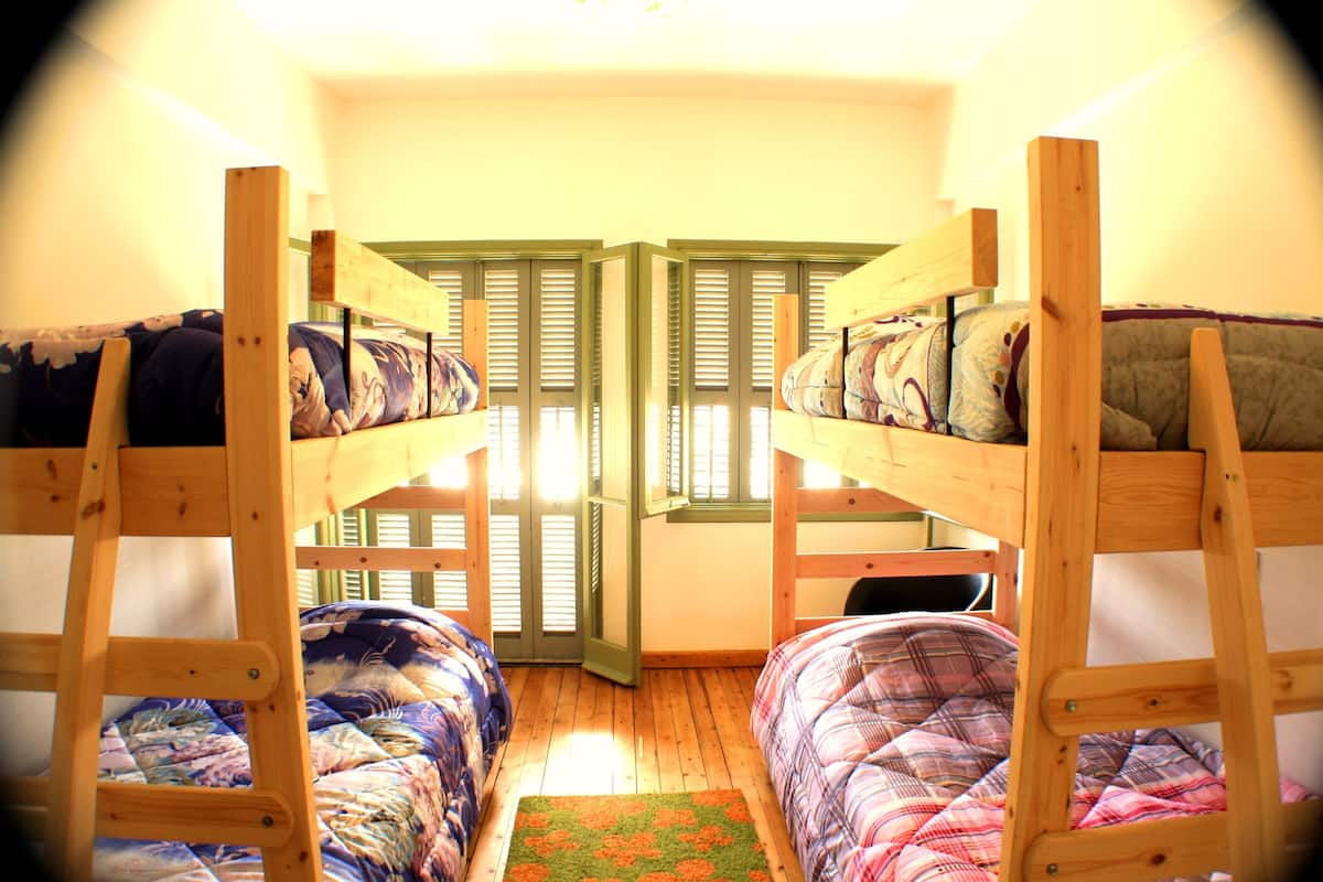 A room with bunk beds, a wooden ladder, and a door with shutters.