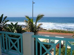 A view of the ocean from a balcony with a turquoise railing, a street in the foreground, and a palm tree. - Waterfront (eMdloti)