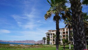 A hotel with a view of the ocean, surrounded by palm trees and a well-maintained lawn. - Paraiso Del Mar Resort PDM B203 1 Bedroom Condo by Seaside La Paz (La Paz)